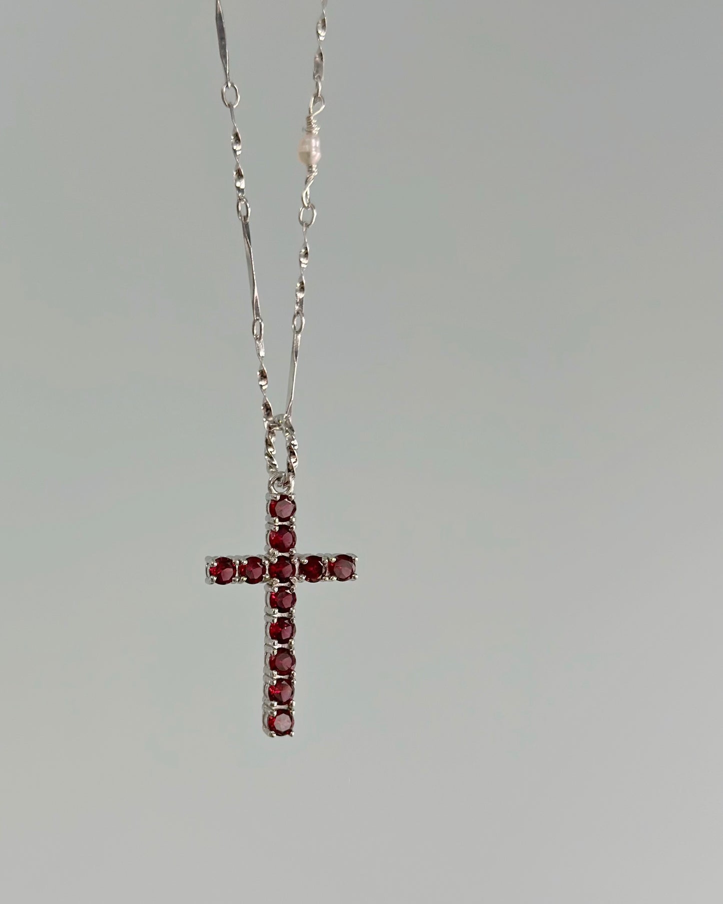Garnet Cross And Freshwater Pearl Sterling Silver Necklace