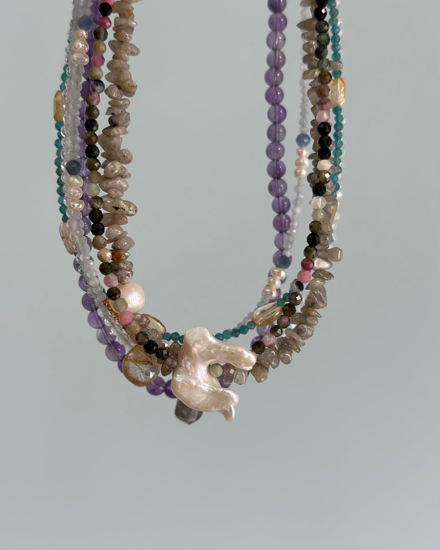 Aquamarine And Golden Rutilated Quartz Beaded Necklace