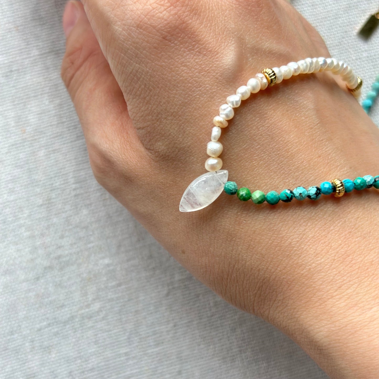 Turquoise Mix Freshwater Pearl Moonstone Beaded Necklace