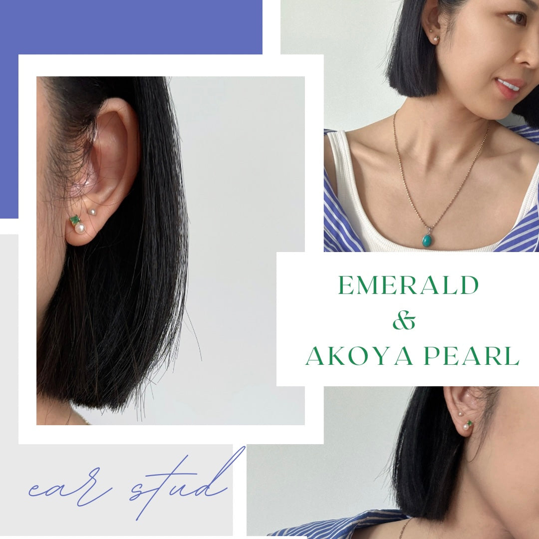 Emerald And Akoya Pearl 18K Solid Gold Ear Stud