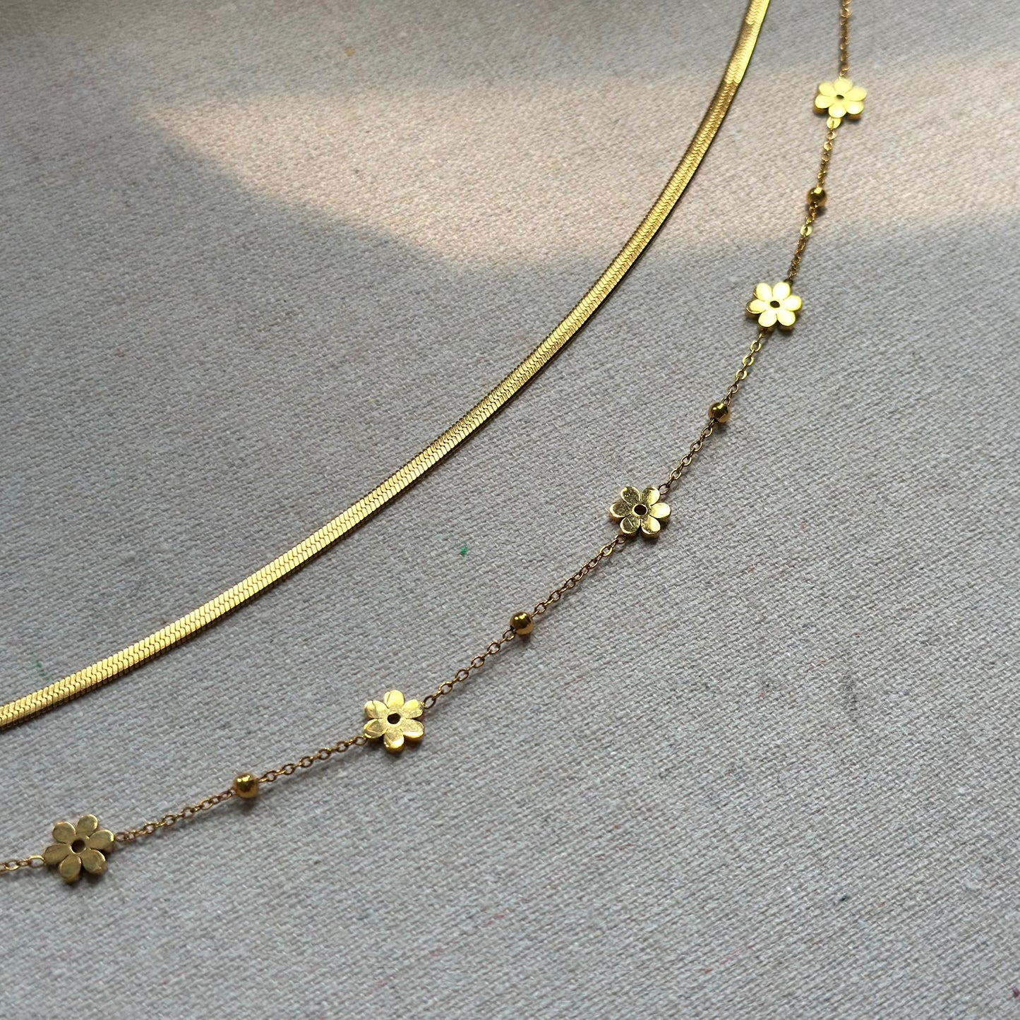 Herringbone & Floral Double Layer 18K Gold-plated Necklace