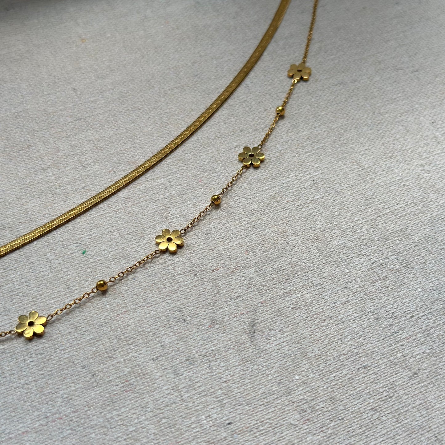 Herringbone & Floral Double Layer 18K Gold-plated Necklace