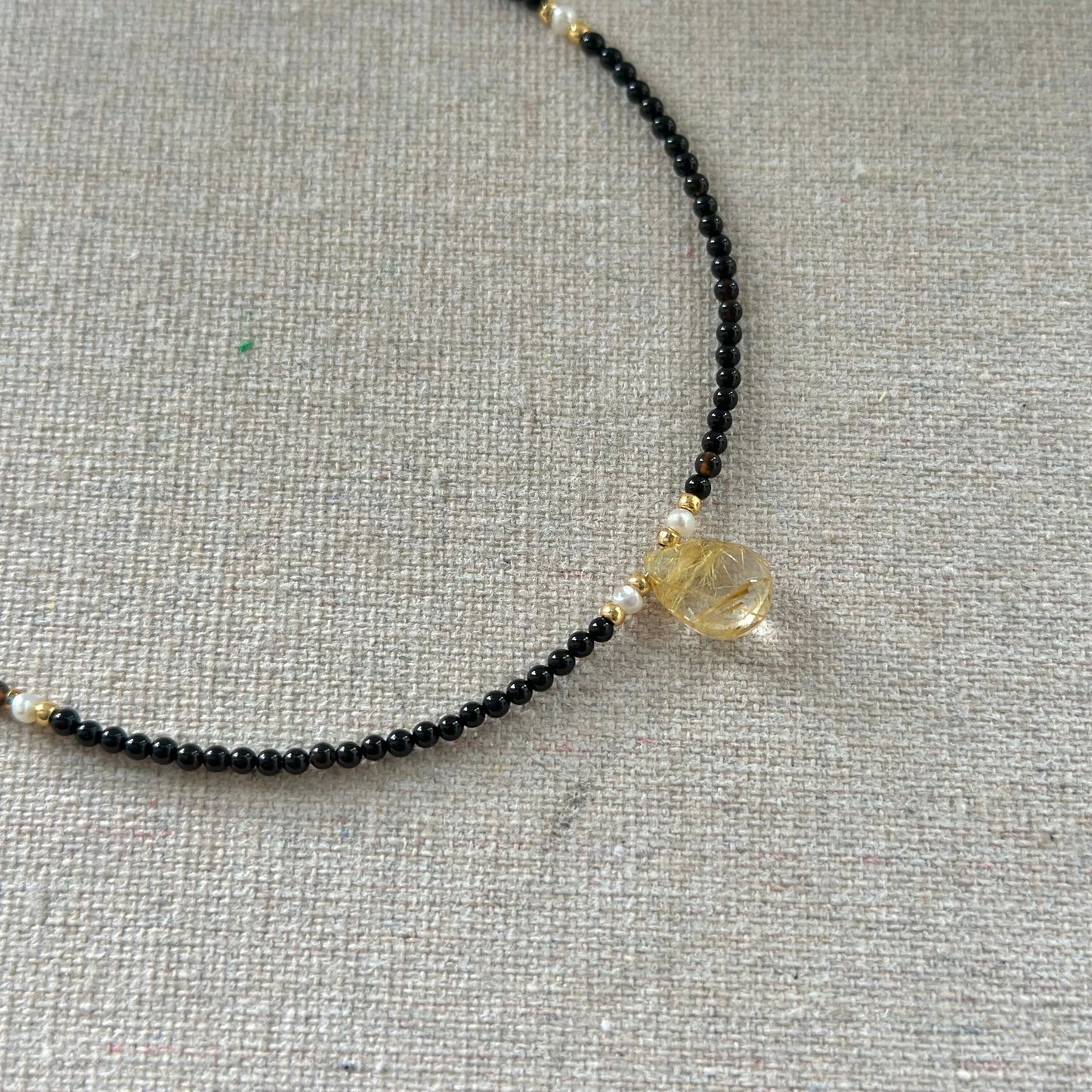 Black Onyx And Golden Rutilated Quartz Beaded Necklace