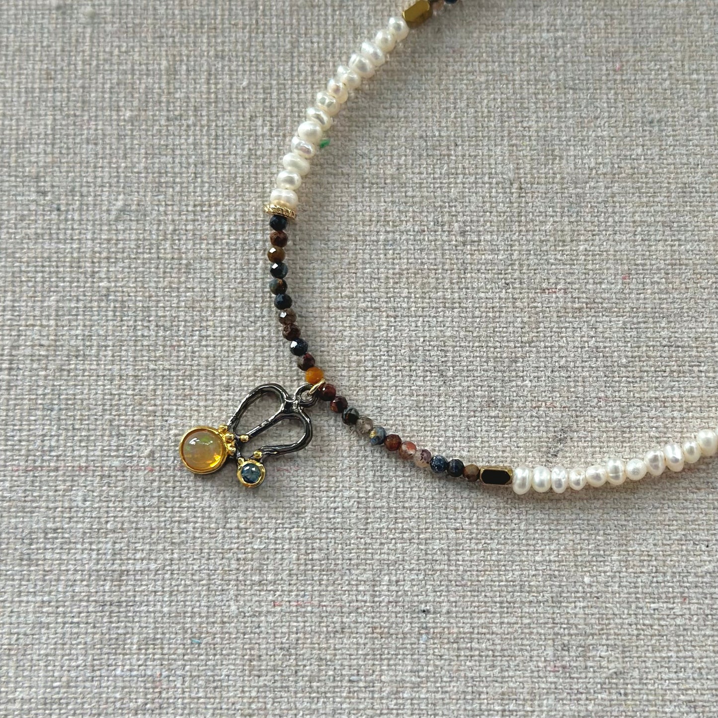 Pietersite Mixed Freshwater Pearl Beaded And Opal Necklace