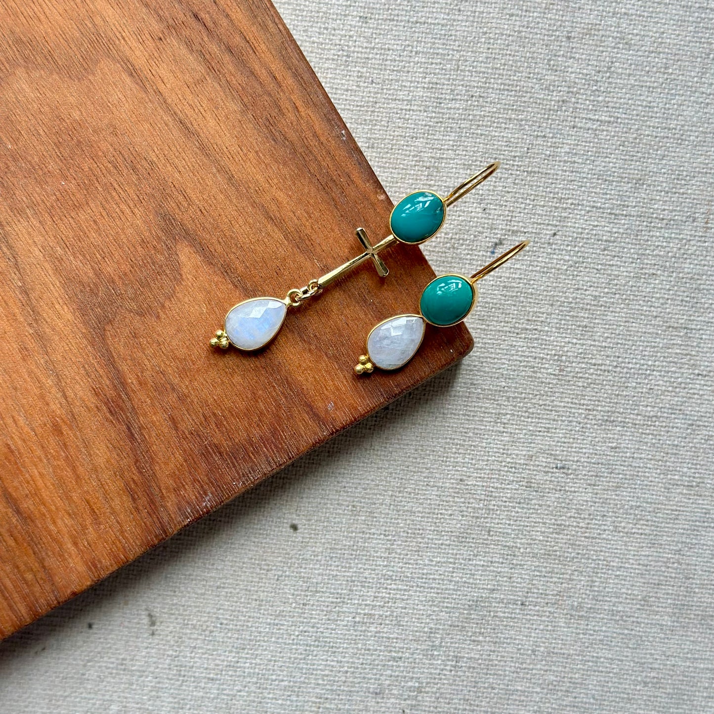 Turquoise And Moonstone Cross Gold-plated Earring