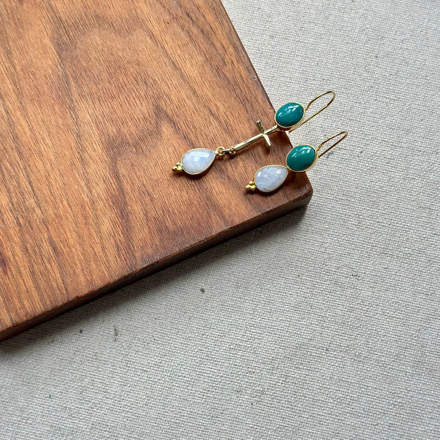 Turquoise And Moonstone Cross Gold-plated Earring