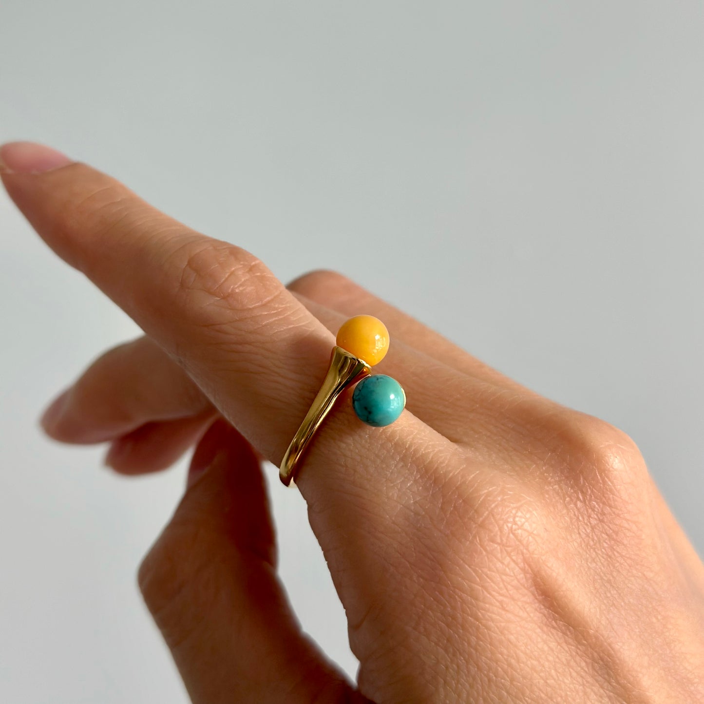 Turquoise And Amber Adjustable Gold-plated Ring