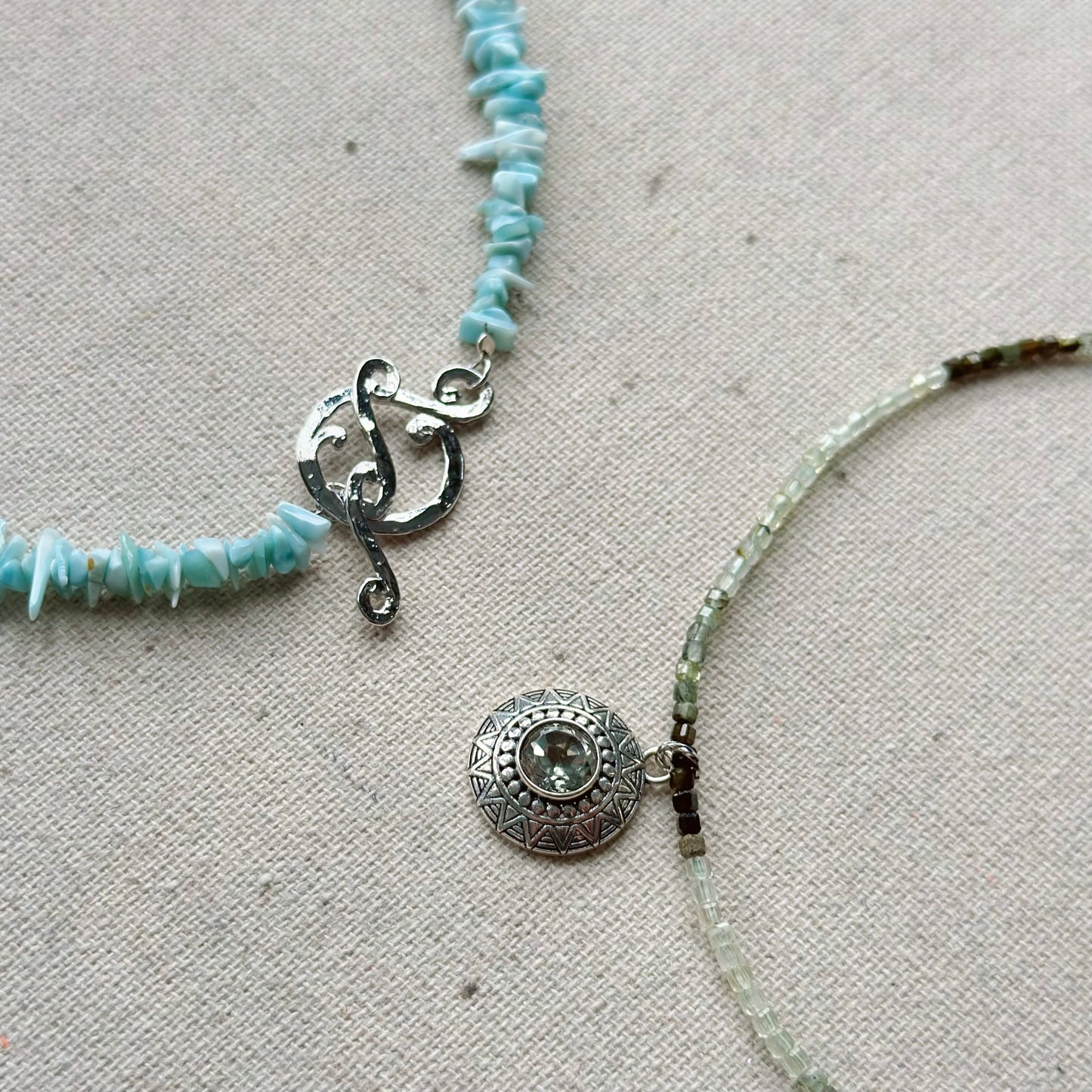 Two-way Larimar Beaded Hoop Toggle Sterling Silver Necklace