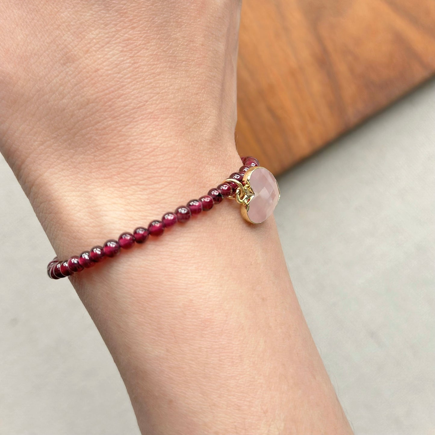 Garnet Beaded And Rose Quartz Heart Bracelet