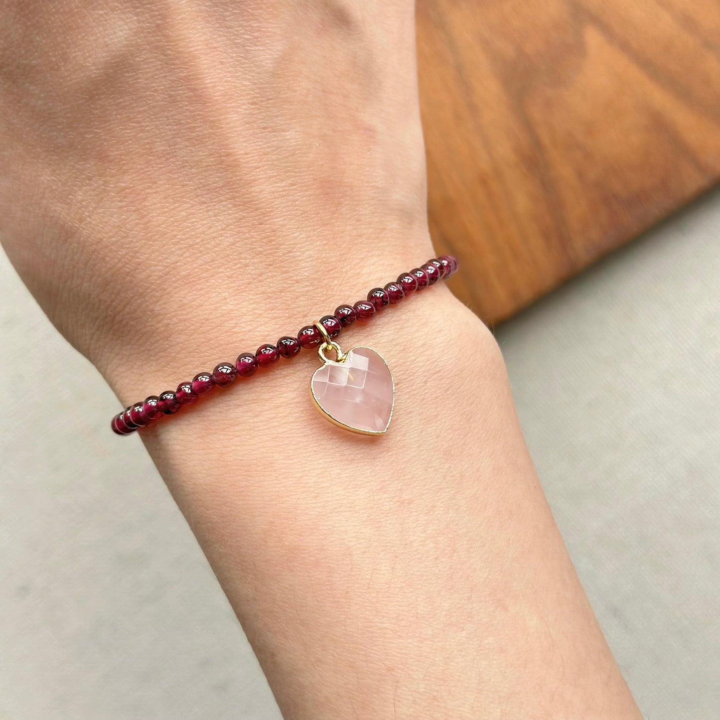 Garnet Beaded And Rose Quartz Heart Bracelet
