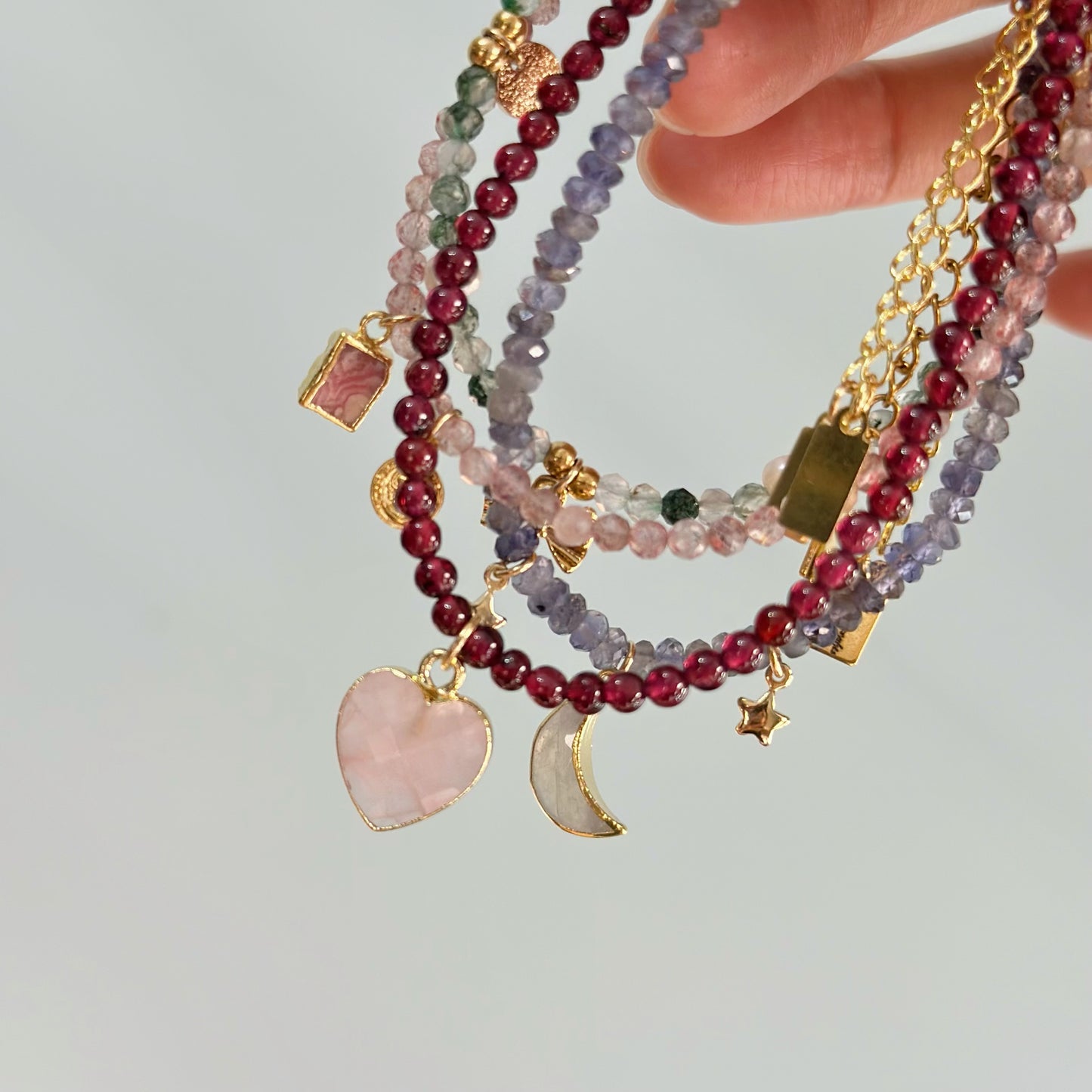 Strawberry Quartz Beaded And Rhodochrosite Bracelet