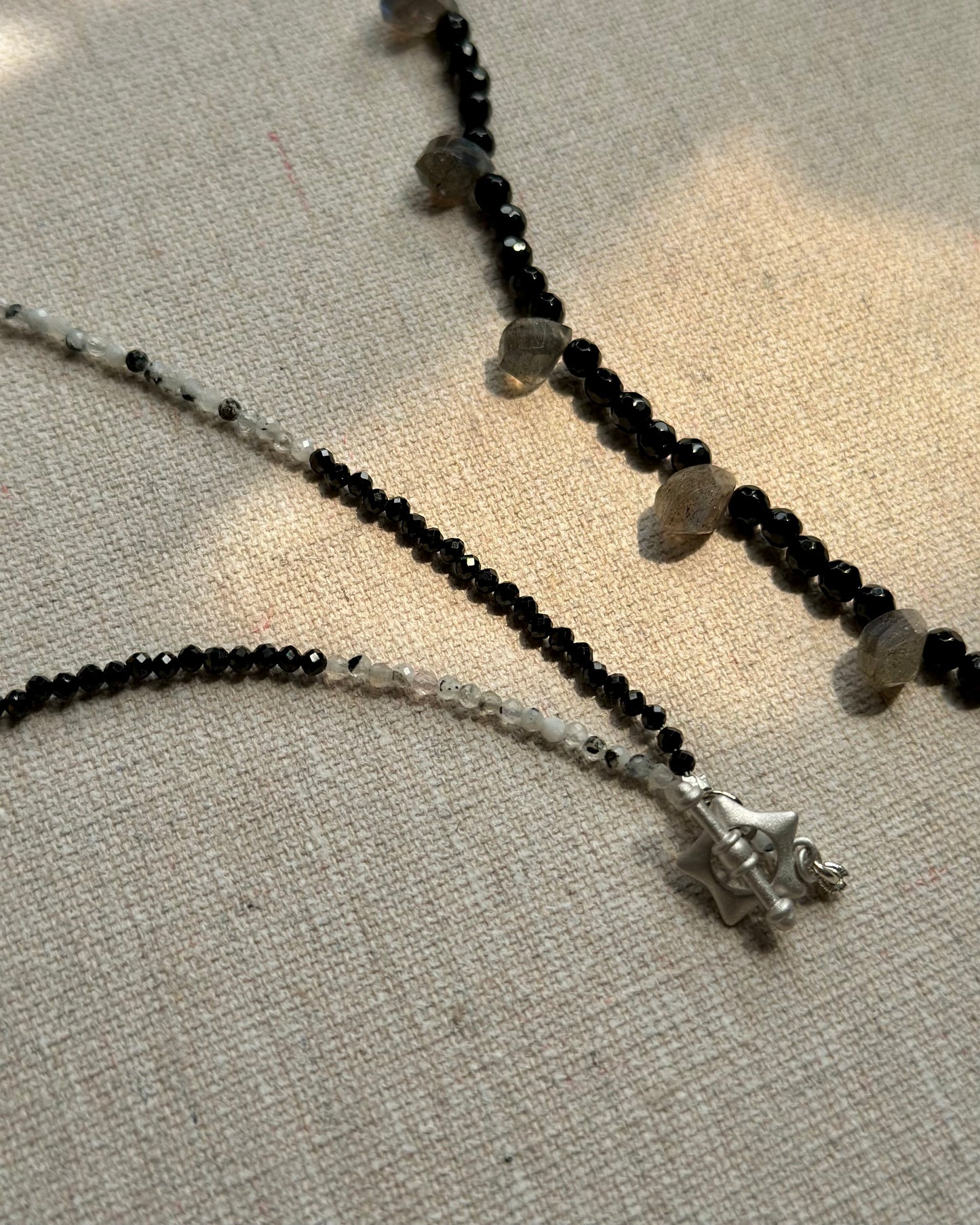 Moonstone And Black Spinel Beaded Front Hoop Toggle Necklace