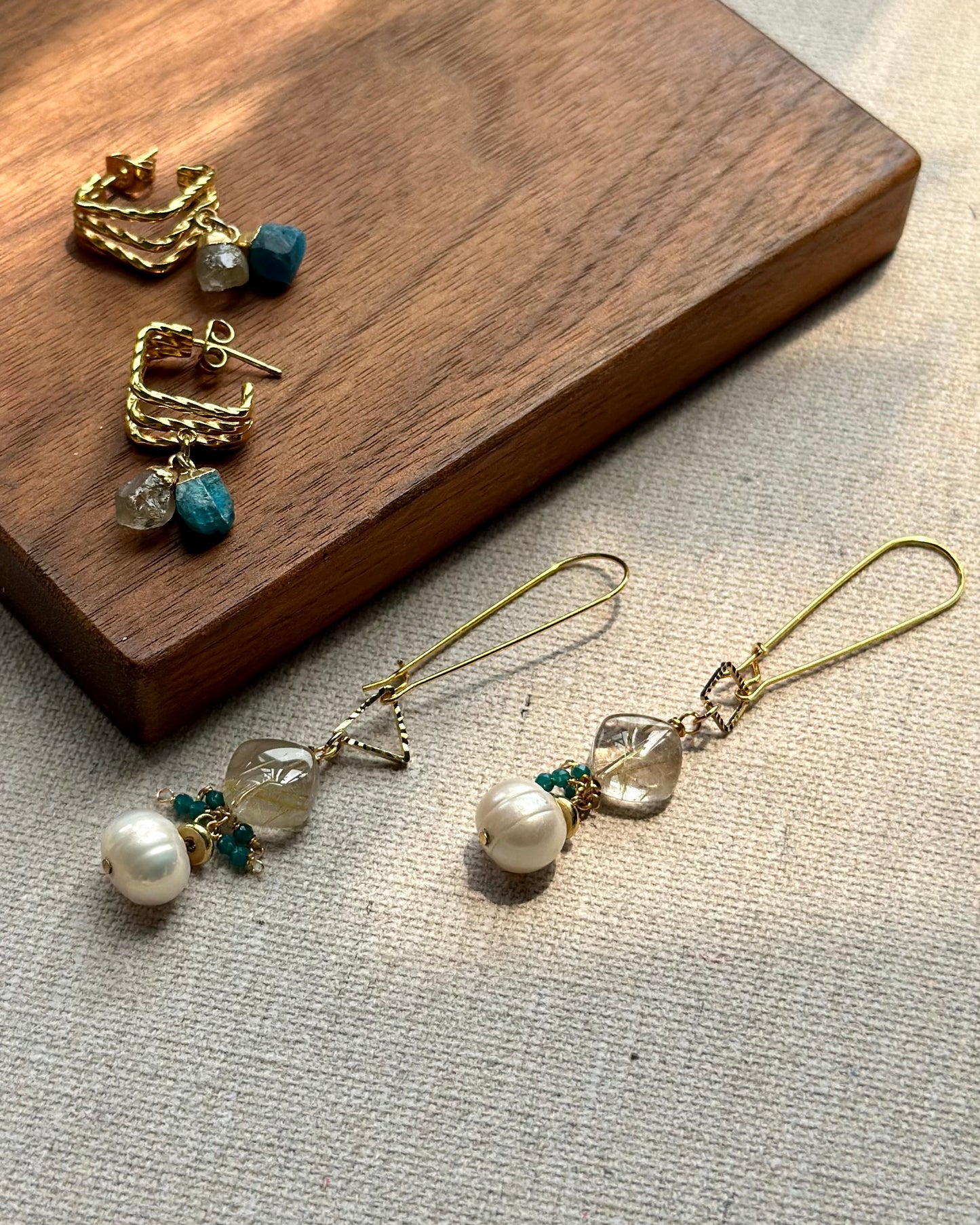 Golden Rutilated Quartz & Freshwater Pearl Gold-plated Earring