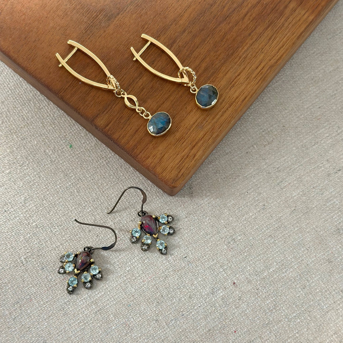 Black Opal And Aquamarine Gold-plated Earring