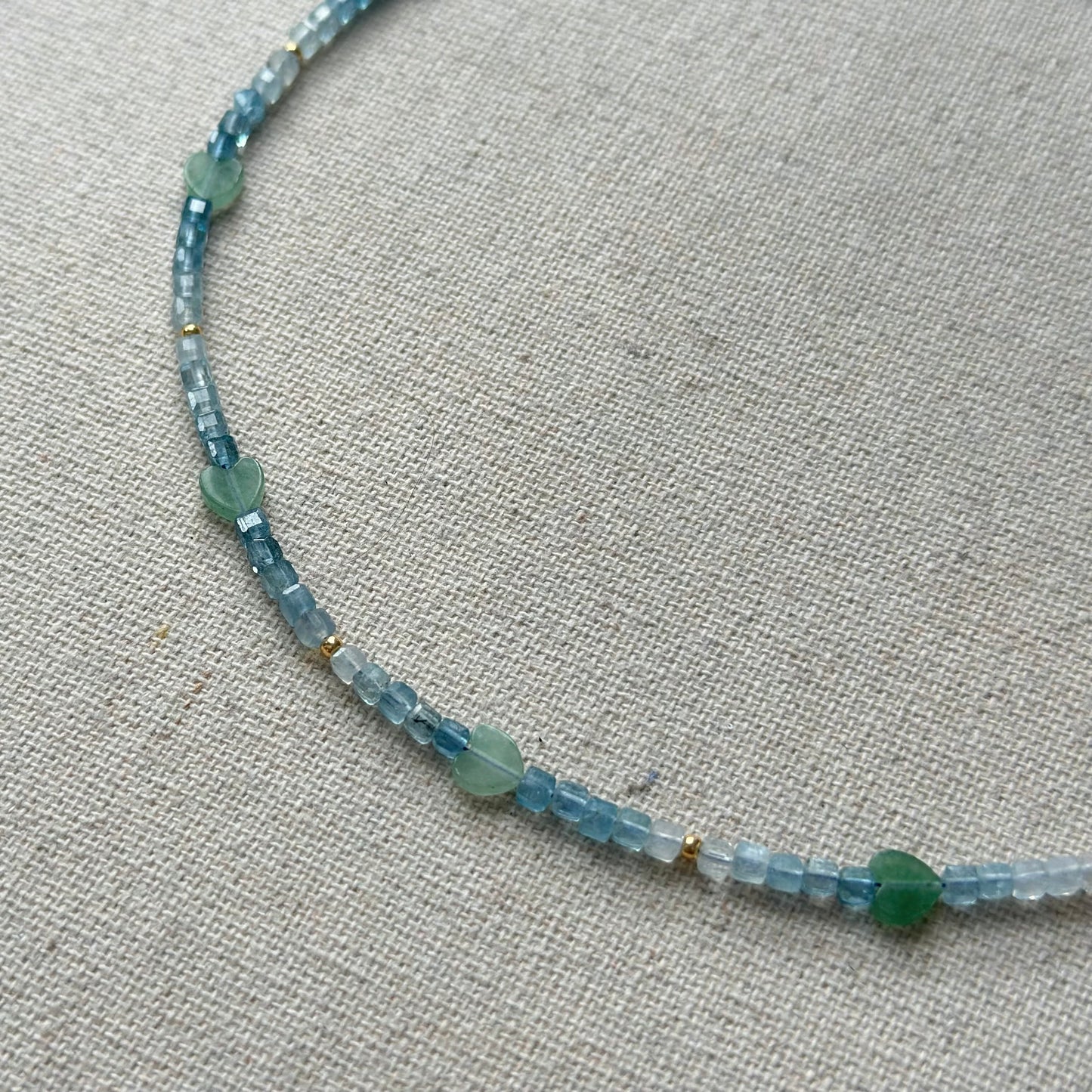 Aquamarine And Green Amethyst Heart Beaded Necklace