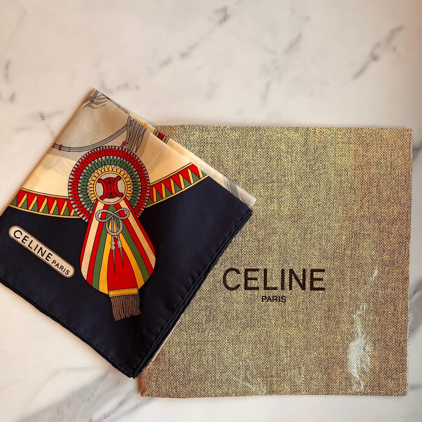 CELINE PARIS Vintage Navy And White Horse Carriage Printed Scarf