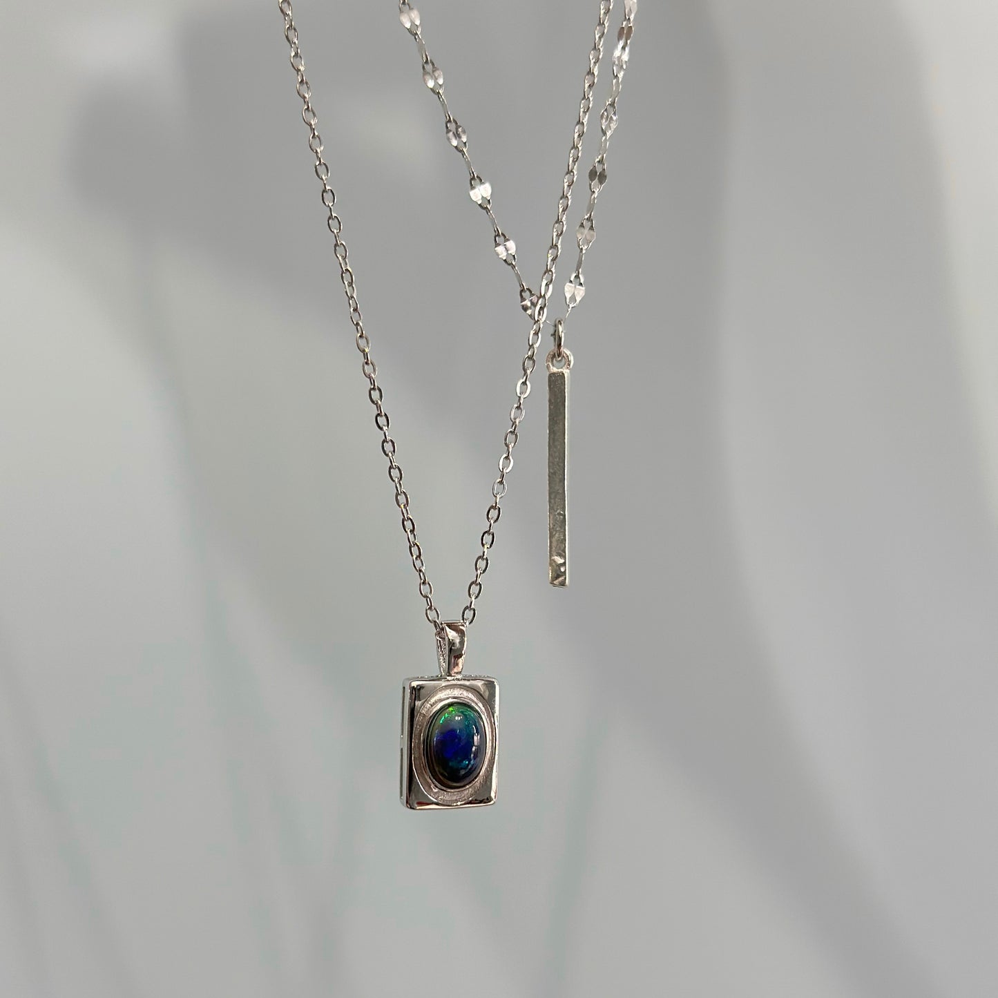 Black Opal Double Chain Sterling Silver Necklace