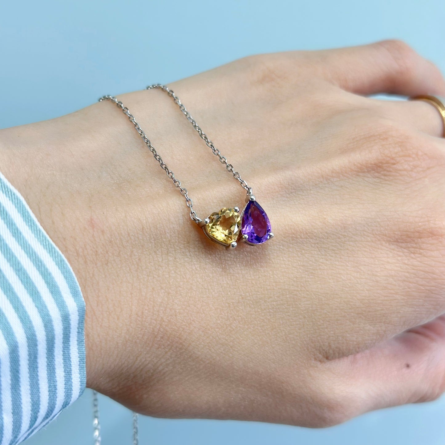 Amethyst And Citrine Heart Sterling Silver Necklace