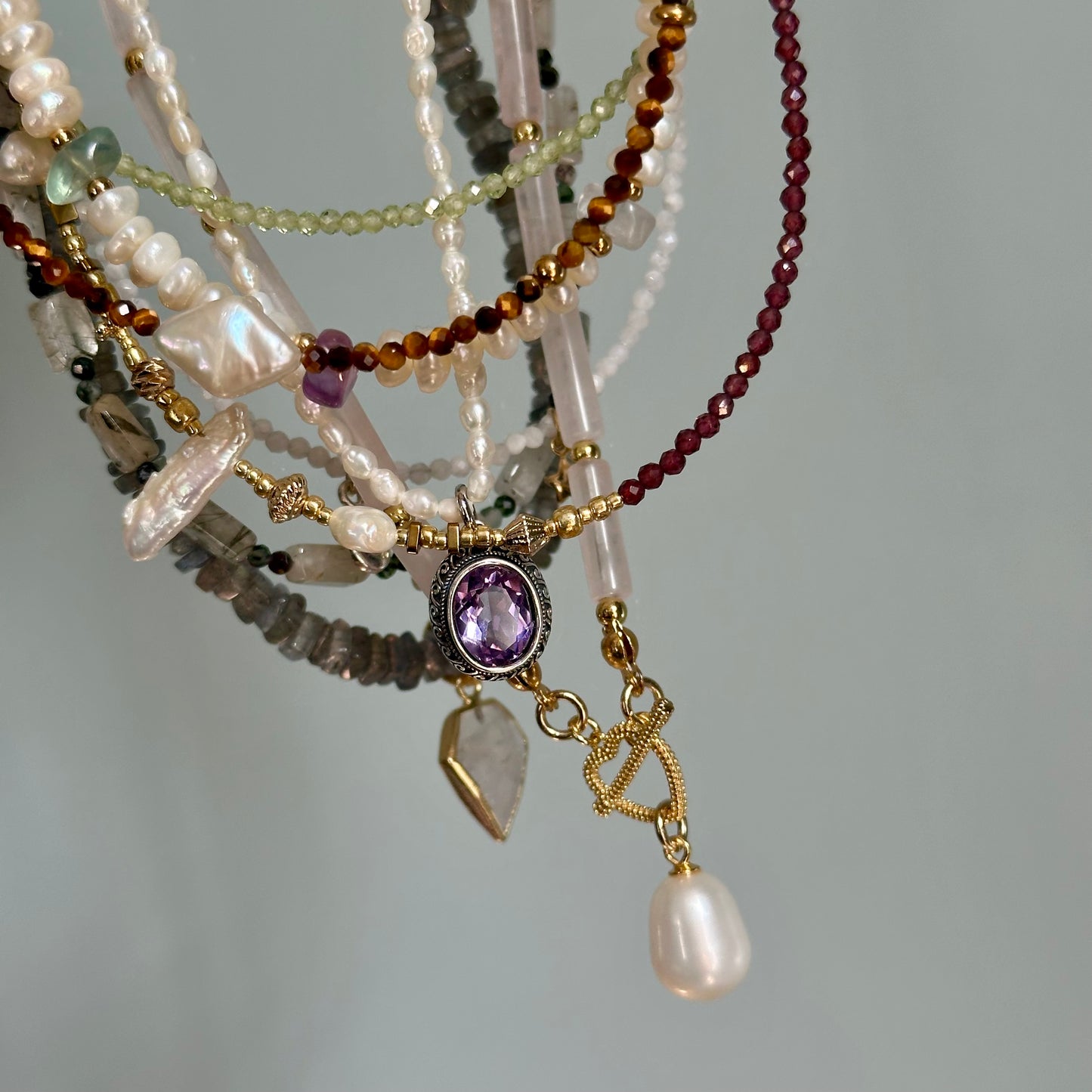 Garnet And Freshwater Pearl Beaded Gold-plated Necklace