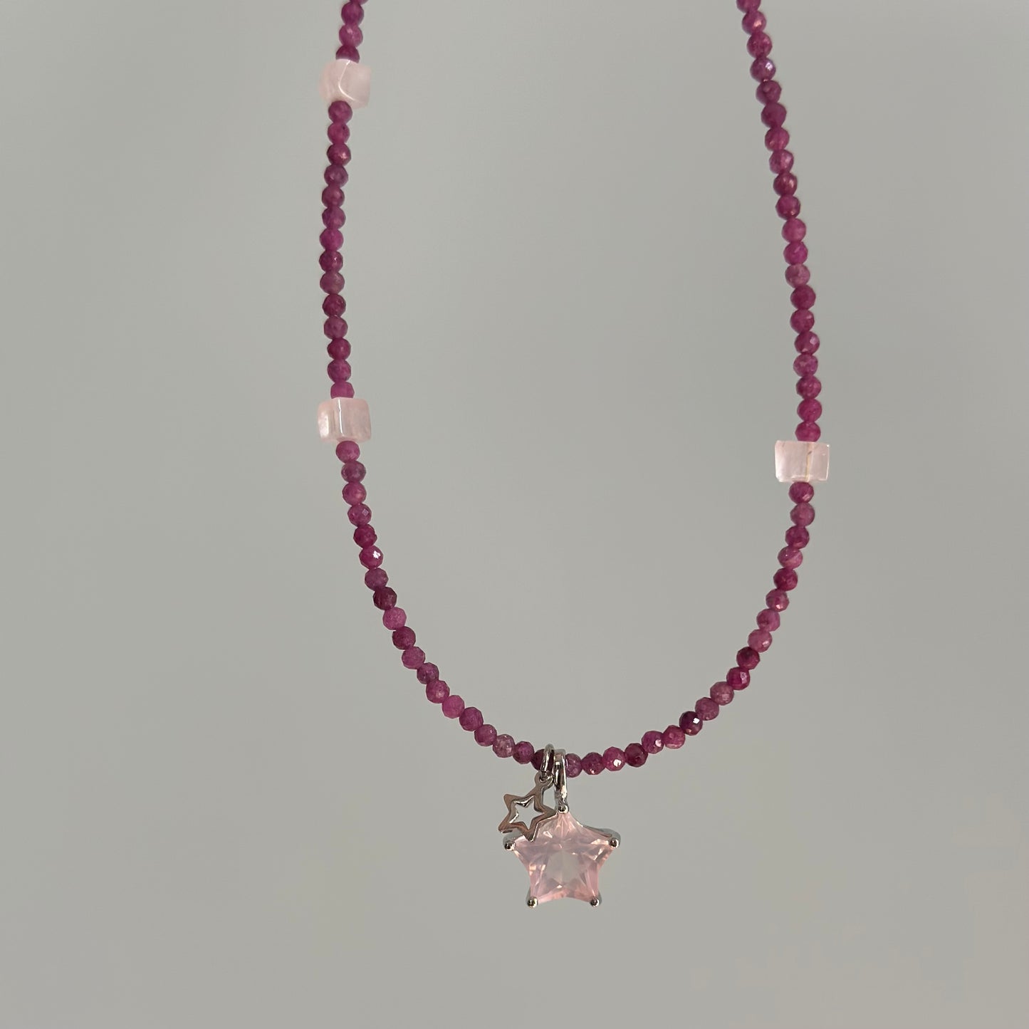Ruby Beaded and Rose Quartz Star Necklace