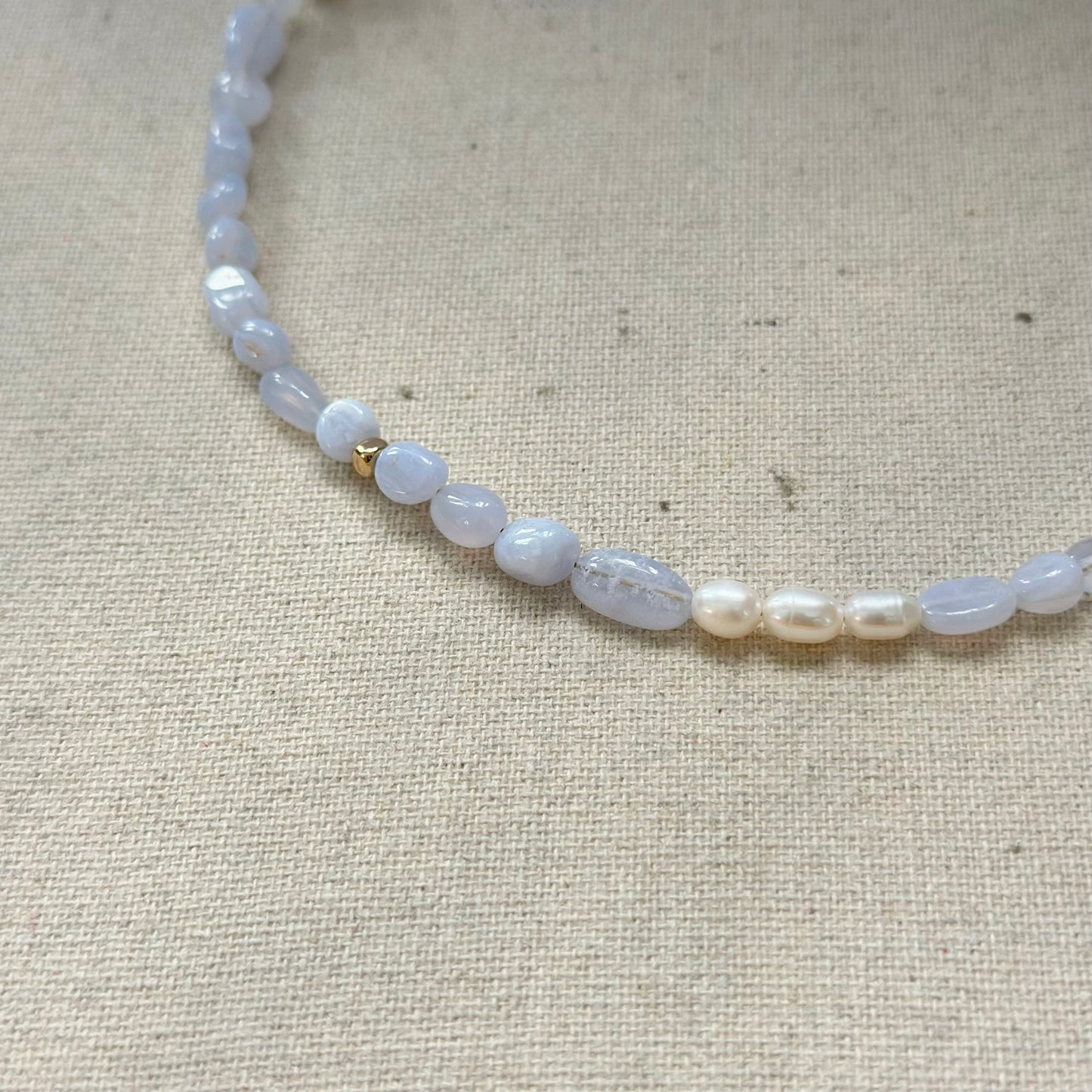 Blue Lace Agate And Freshwater Pearl Beaded Asymmetric Necklace
