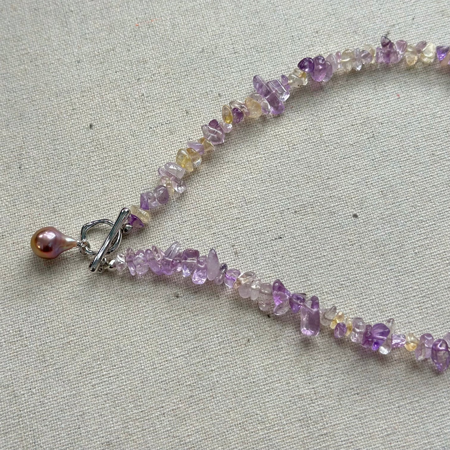 Ametrine Mixed Freshwater Pearl Beaded Hoop Toggle Necklace