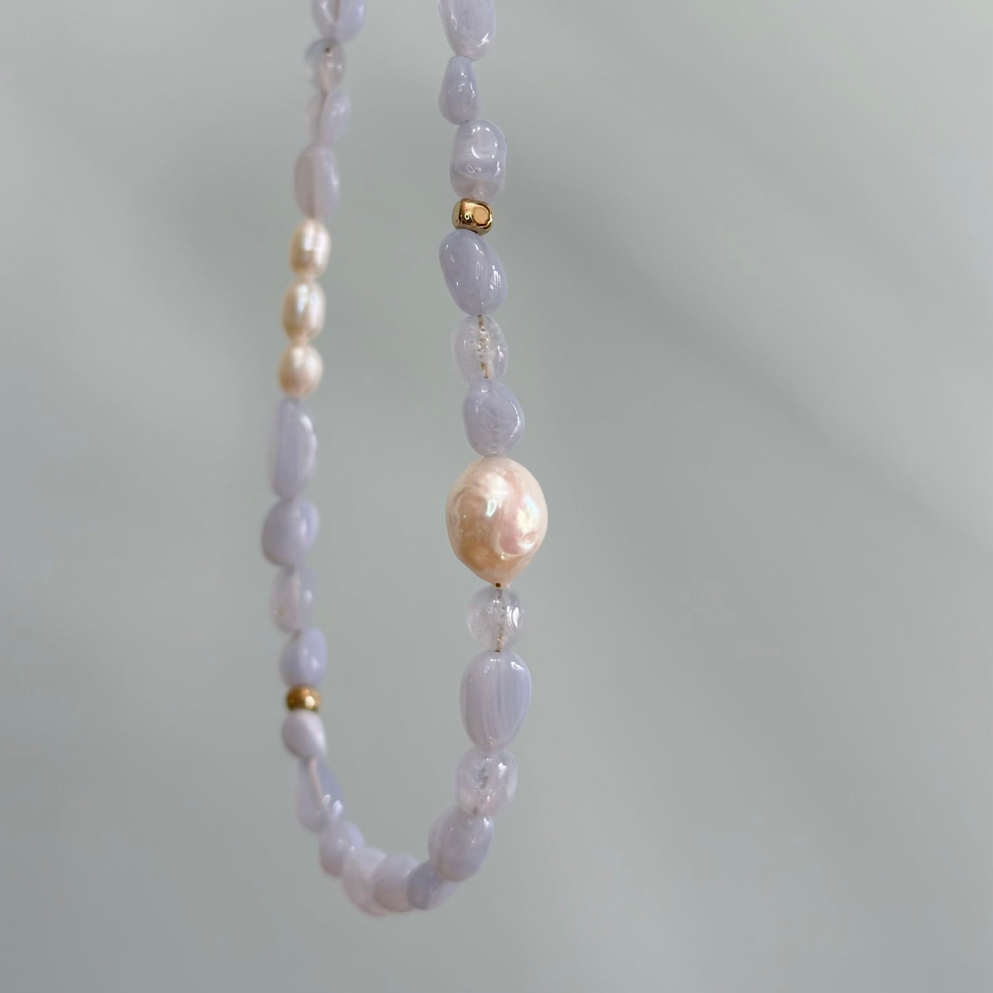 Blue Lace Agate And Freshwater Pearl Beaded Asymmetric Necklace