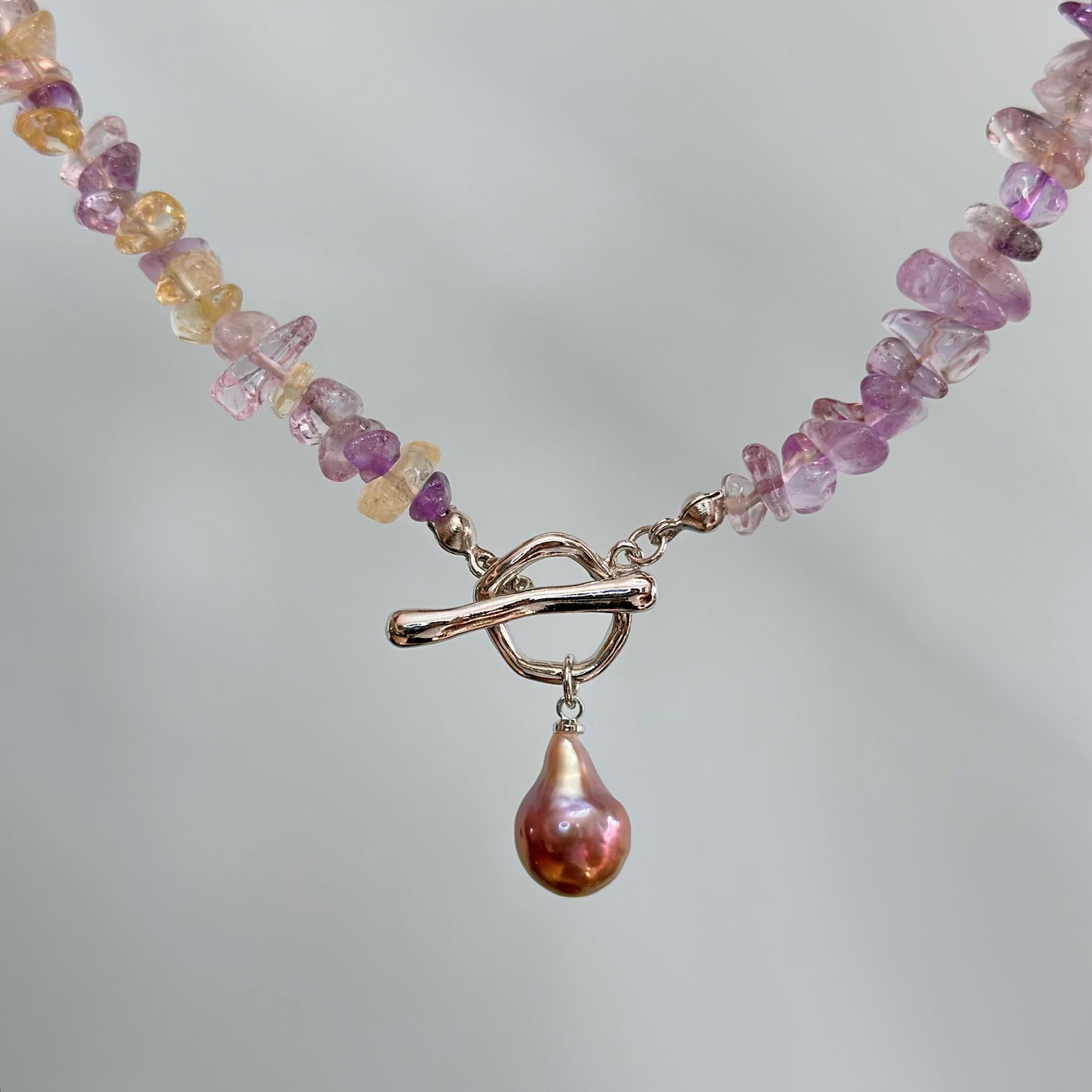 Ametrine Mixed Freshwater Pearl Beaded Hoop Toggle Necklace