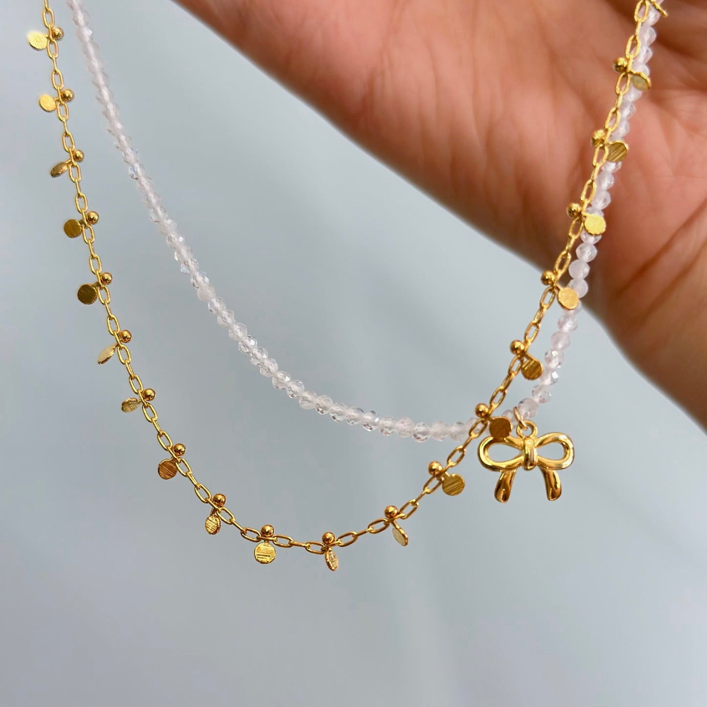 Moonstone Beaded Bow Double Layer Necklace