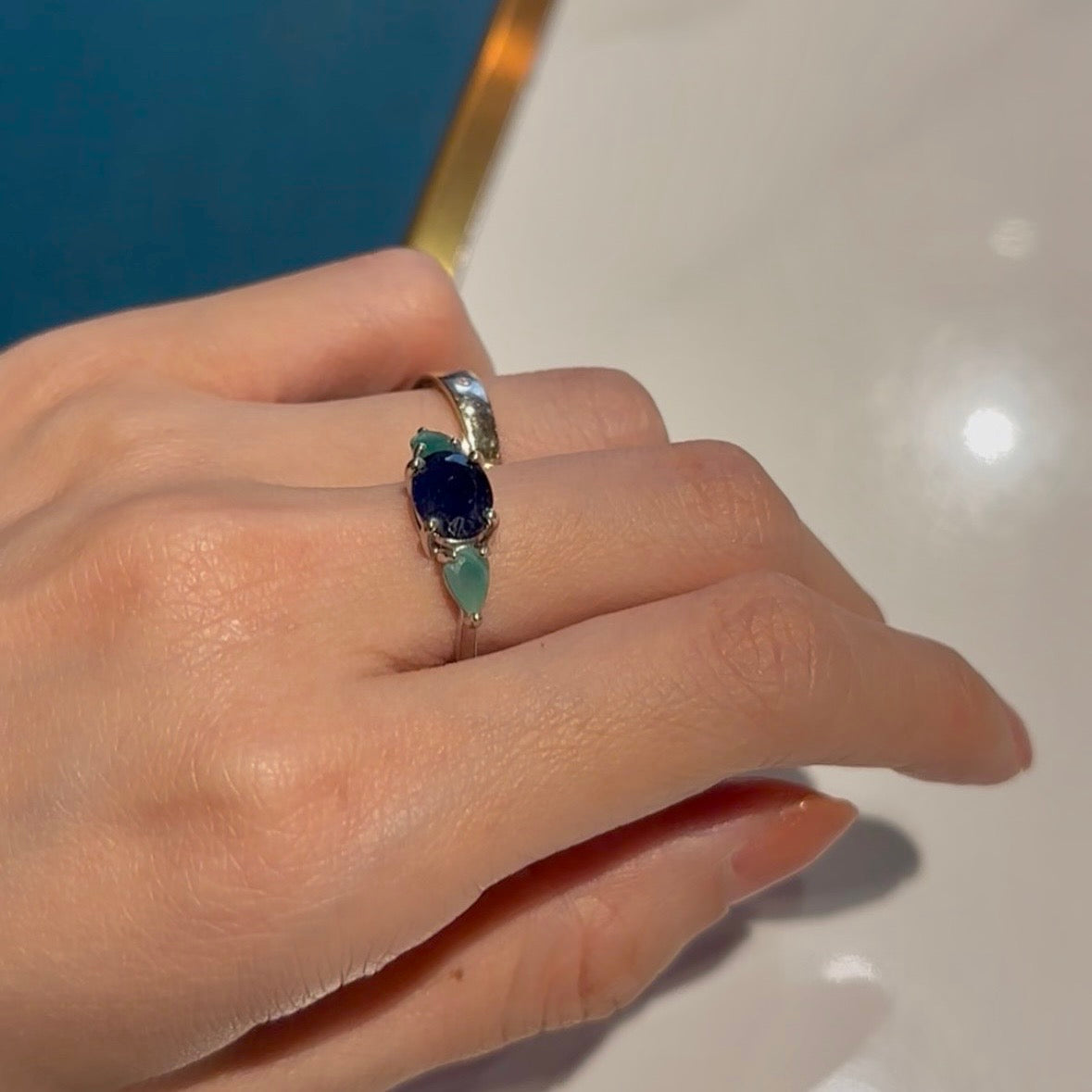 GIFT upon $1200 or above purchase- Emerald And Sapphire Sterling Silver Ring
