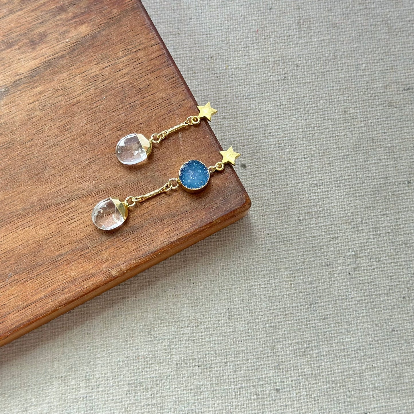 Clear Quartz And Druzy Star Gold-plated Earring