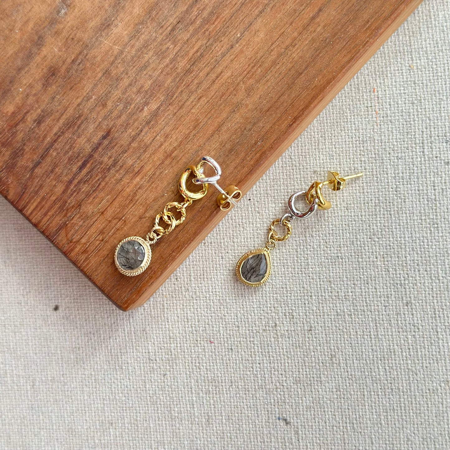 Black Rutilated Quartz Two-tone Gold-plated Earring