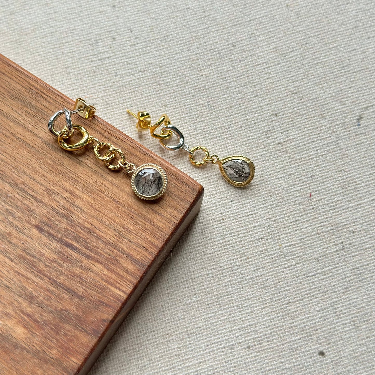 Black Rutilated Quartz Two-tone Gold-plated Earring