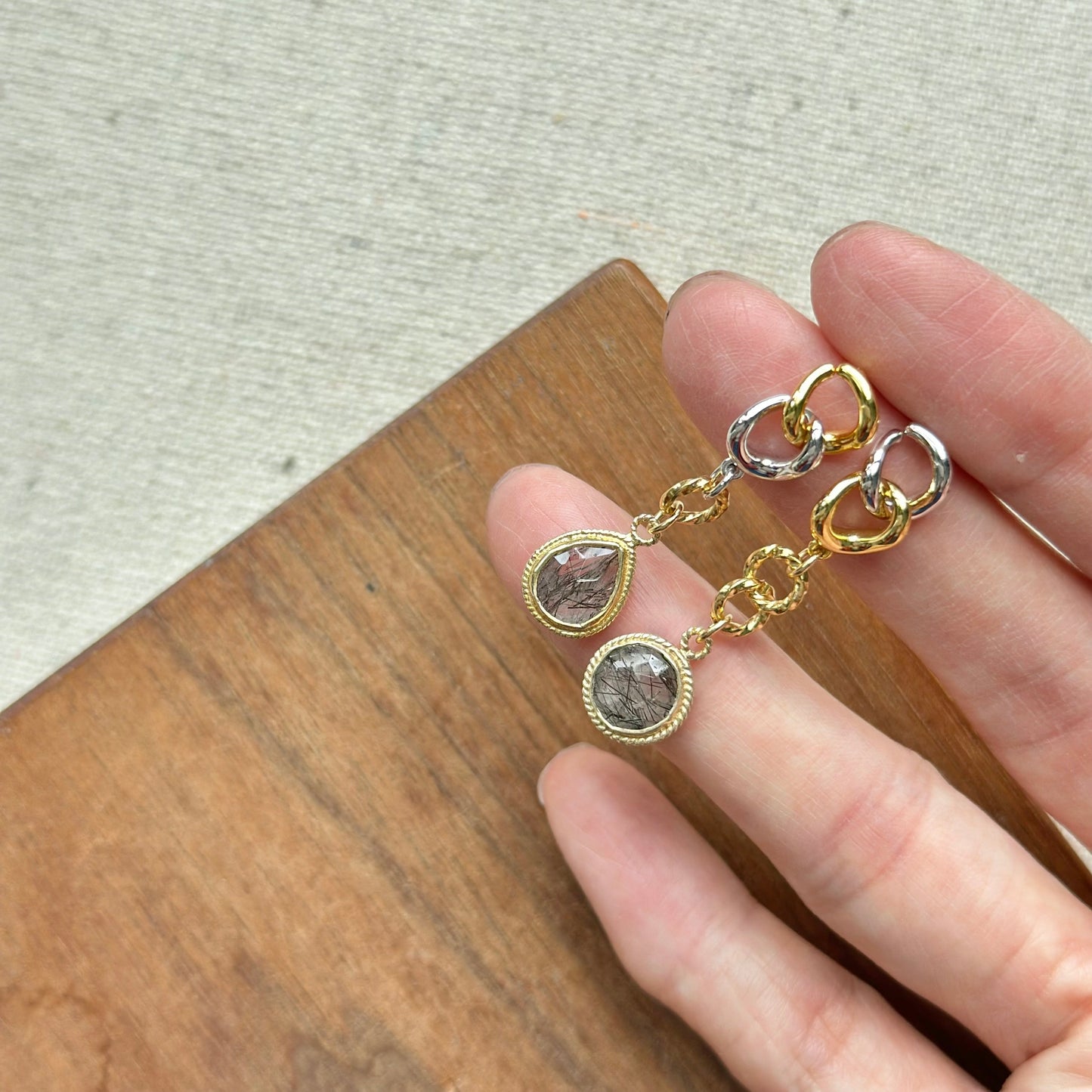 Black Rutilated Quartz Two-tone Gold-plated Earring