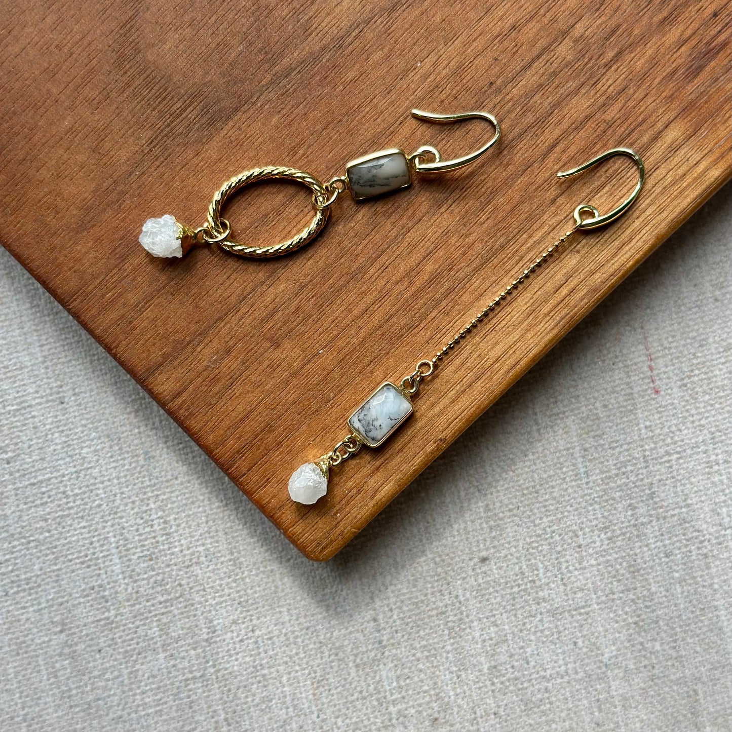 Dendritic Agate And Moonstone Gold-plated Earring