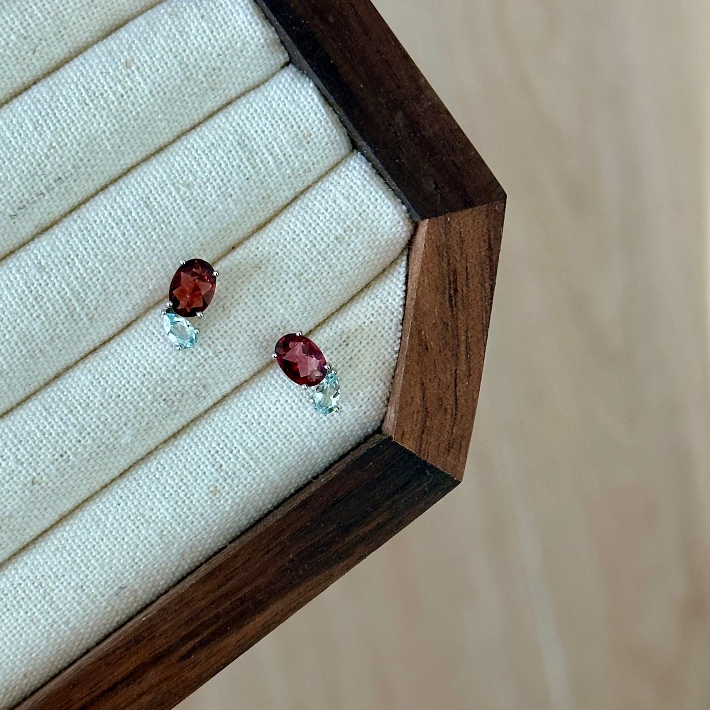 Garnet And Aquamarine Sterling Silver Ear Stud