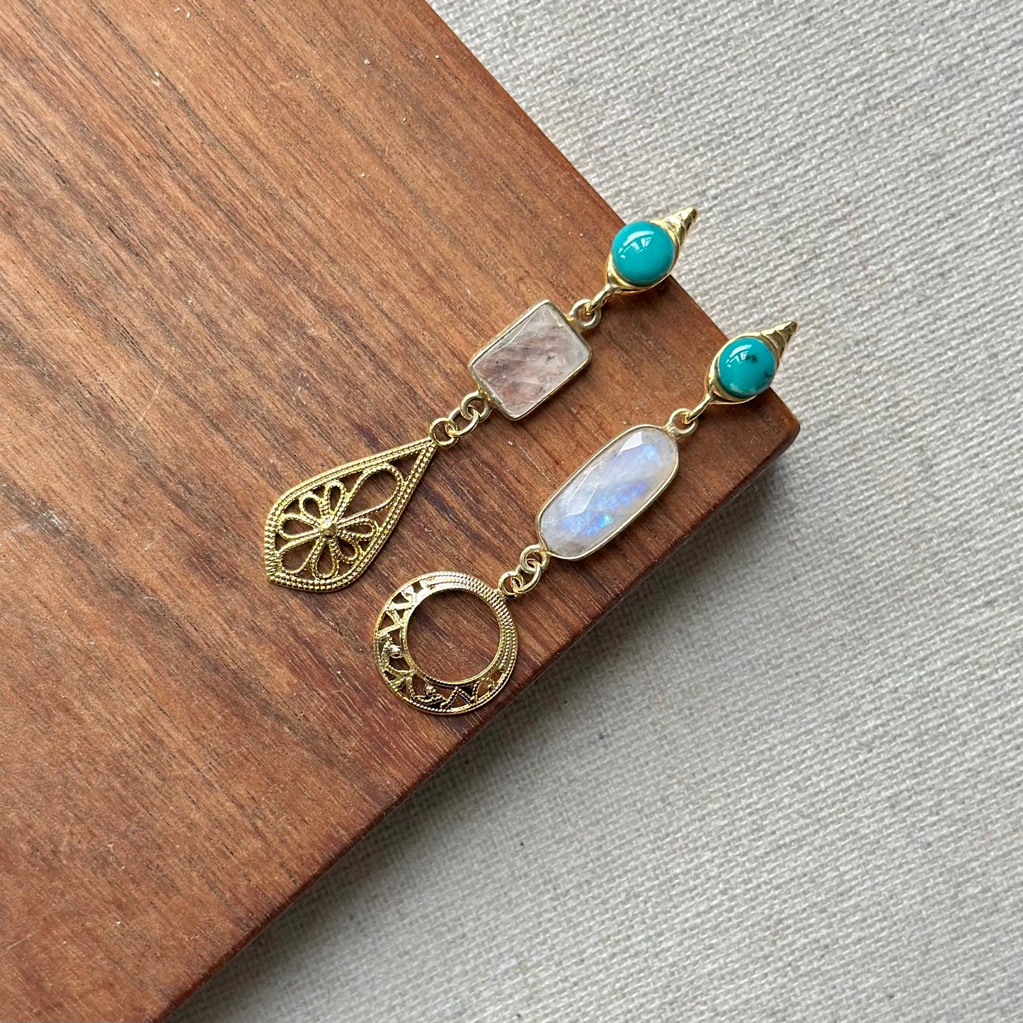 Turquoise And Moonstone Filigree Gold-plated Earring