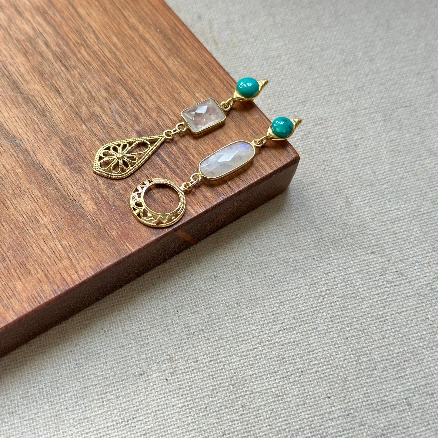 Turquoise And Moonstone Filigree Gold-plated Earring