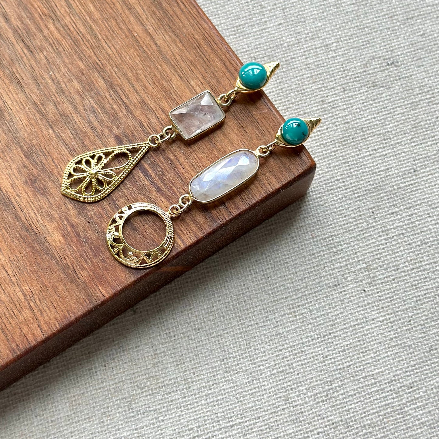 Turquoise And Moonstone Filigree Gold-plated Earring