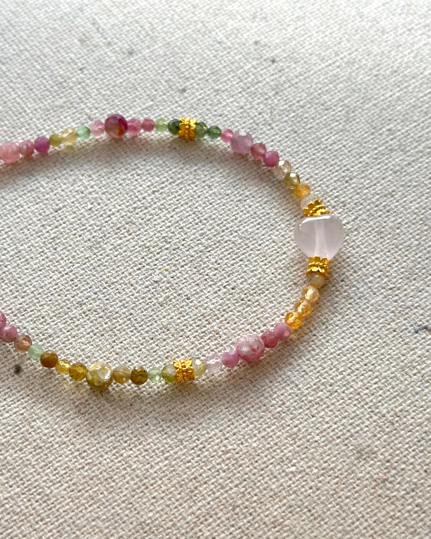 Tourmaline Mixed And Rose Quartz Heart Beaded Bracelet