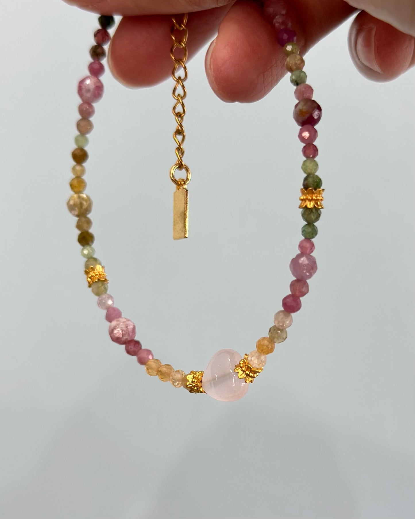 Tourmaline Mixed And Rose Quartz Heart Beaded Bracelet