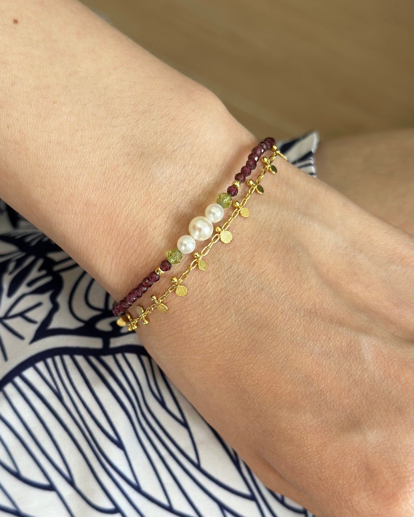 Garnet And Peridot Beaded Double Layer Bracelet