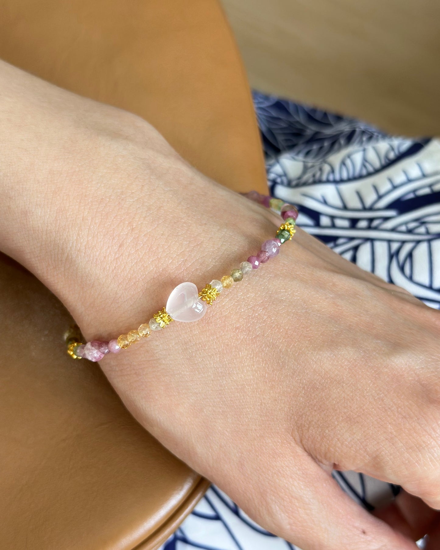 Tourmaline Mixed And Rose Quartz Heart Beaded Bracelet