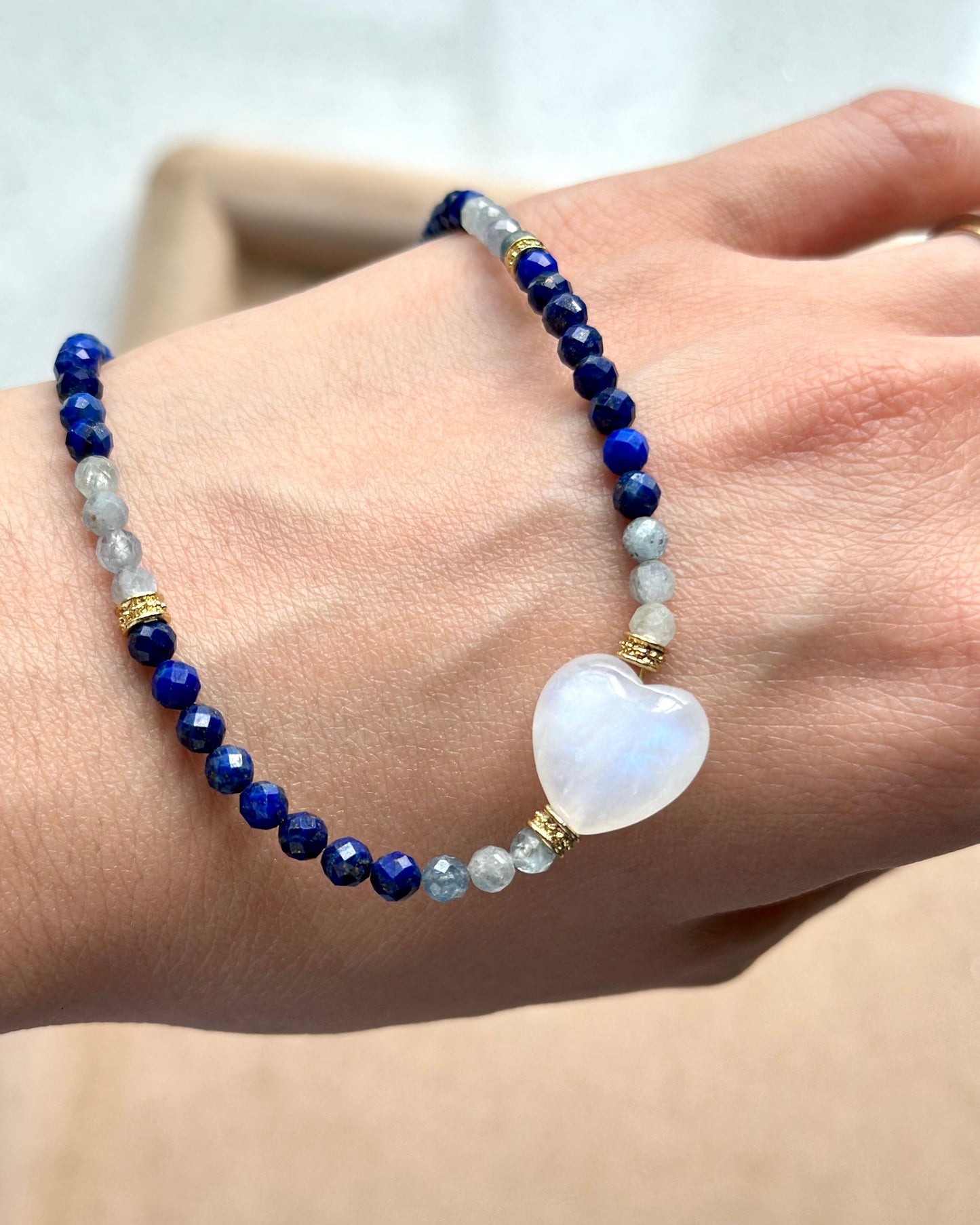Lapis Kyanite Mixed And Moonstone Heart Beaded Necklace