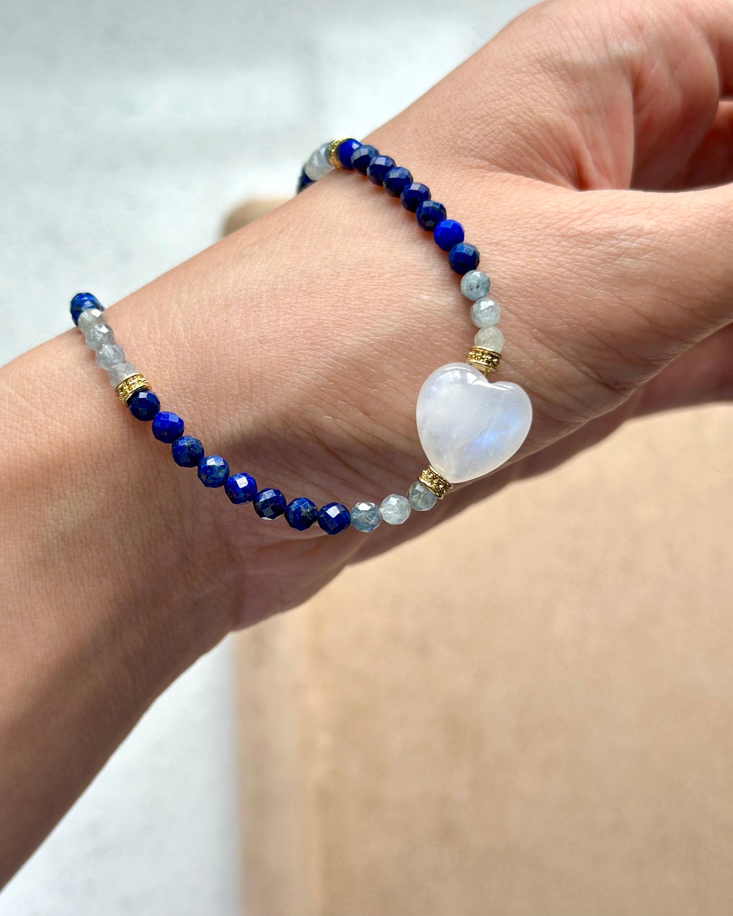 Lapis Kyanite Mixed And Moonstone Heart Beaded Necklace