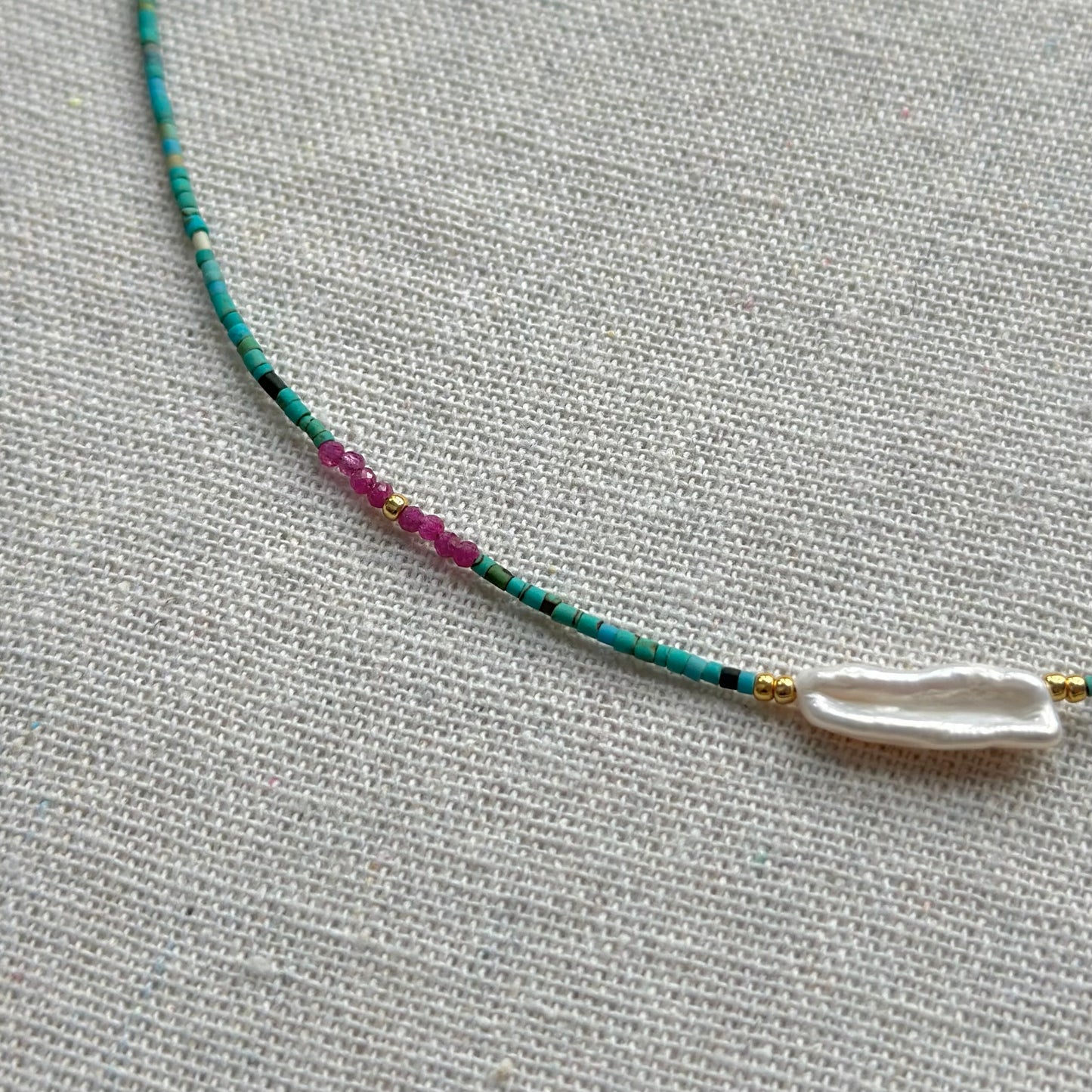 Turquoise Mix Ruby And Freshwater Pearl Beaded Necklace