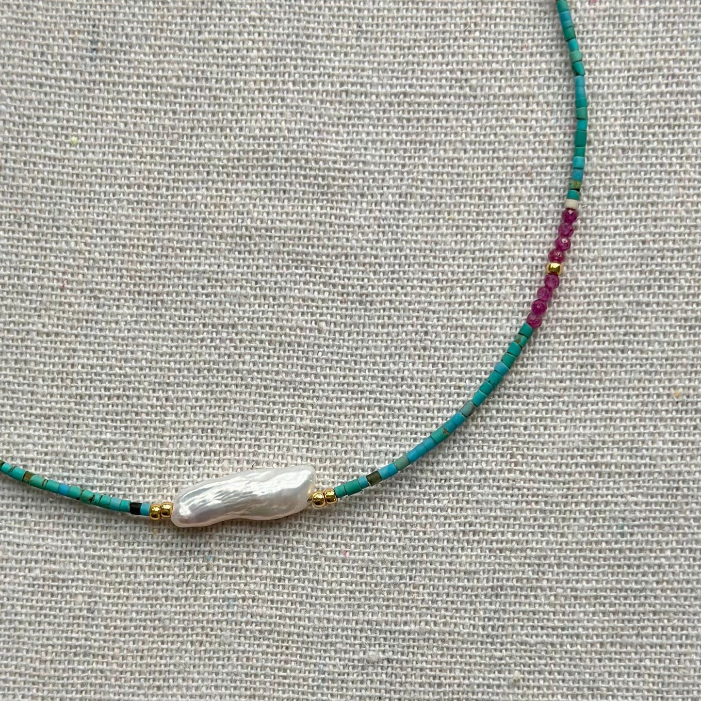 Turquoise Mix Ruby And Freshwater Pearl Beaded Necklace