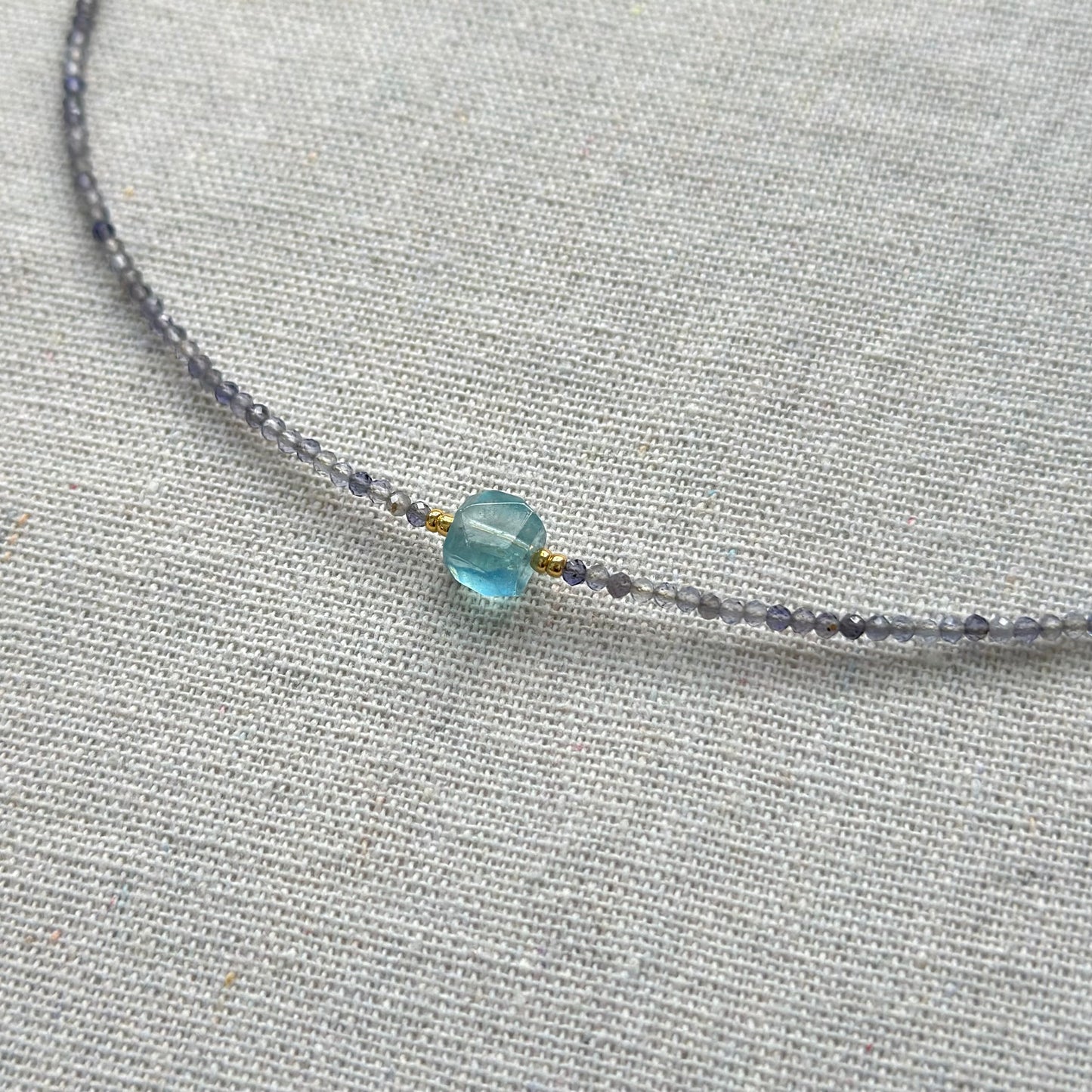 Iolite And Aquamarine Cube Beaded Necklace