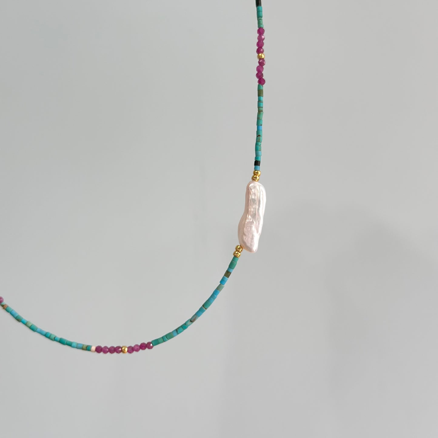 Turquoise Mix Ruby And Freshwater Pearl Beaded Necklace