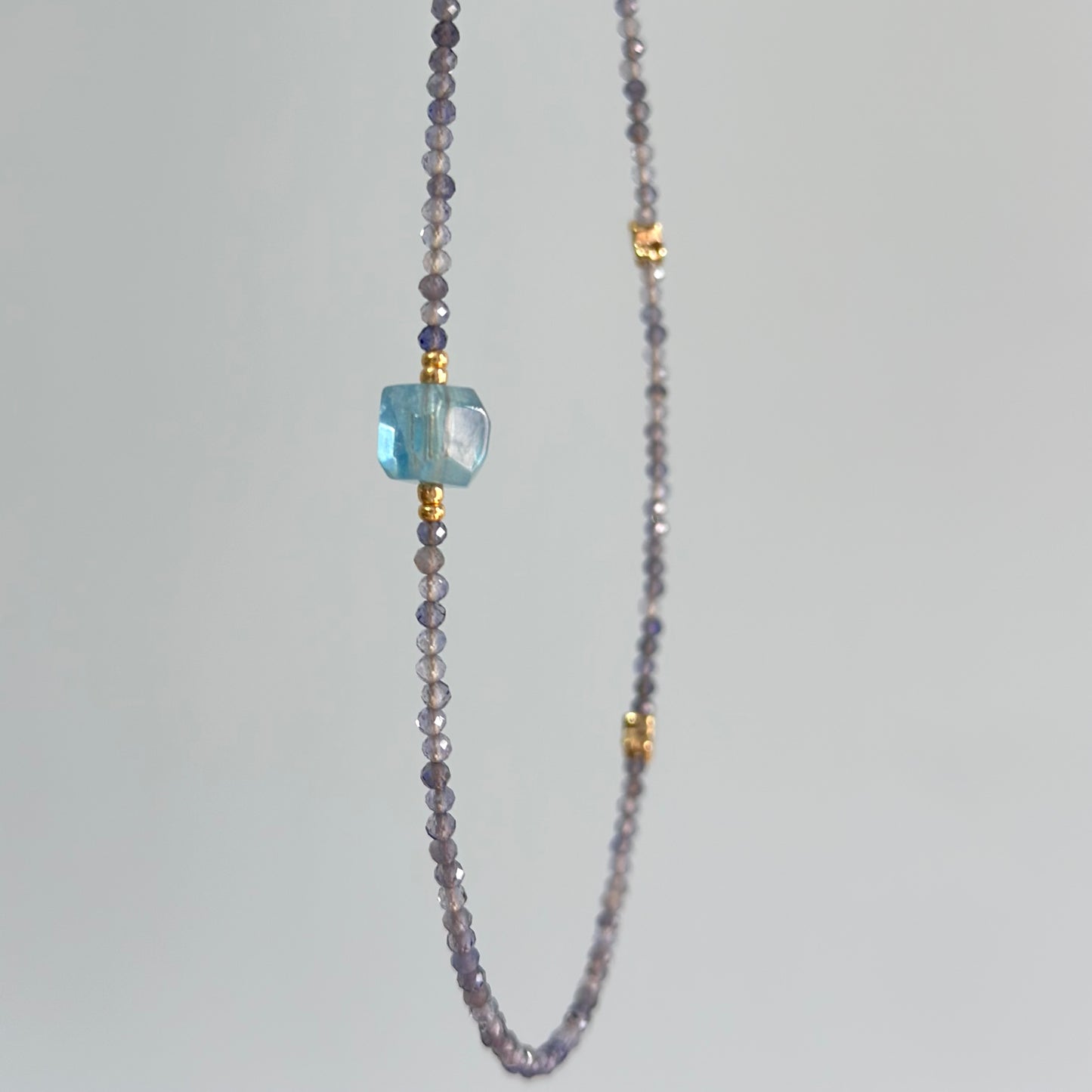 Iolite And Aquamarine Cube Beaded Necklace